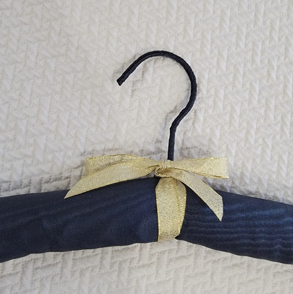 Set of Vintage Black Satin Padded Hangers with Gold And Pearl Accents